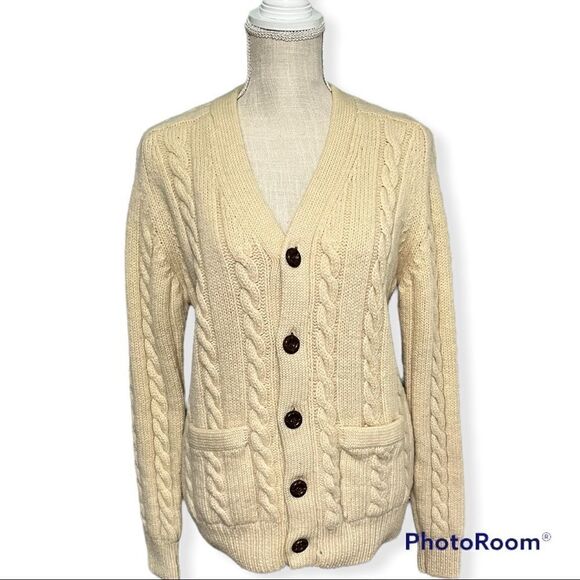 Vintage pure wool cream cable knit button front cardigan sweater - Picture 1 of 6